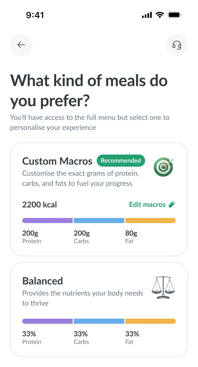Plan choice with Custom Macros recommended, showing a suggested split
