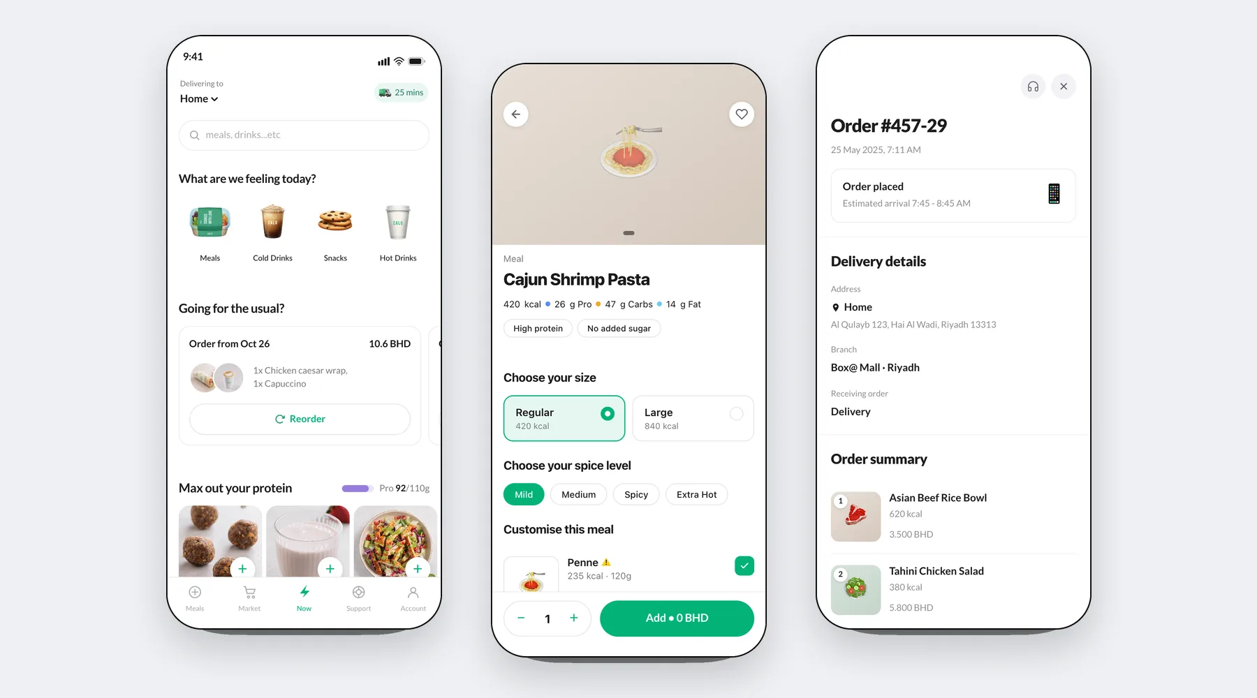 Calo Now: home, meal detail and order tracking screens