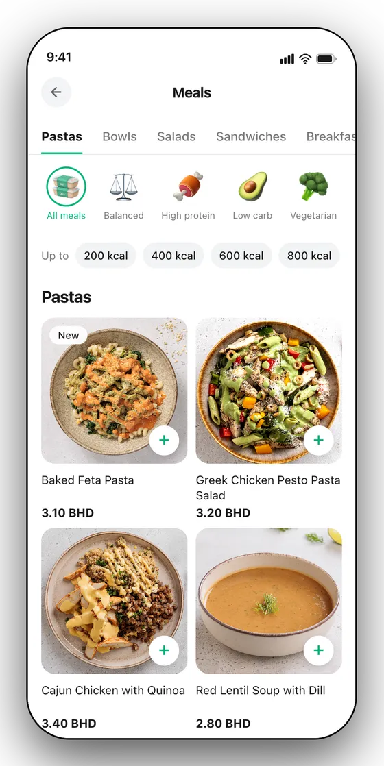 Meals listing with calorie filters like up to 400 kcal