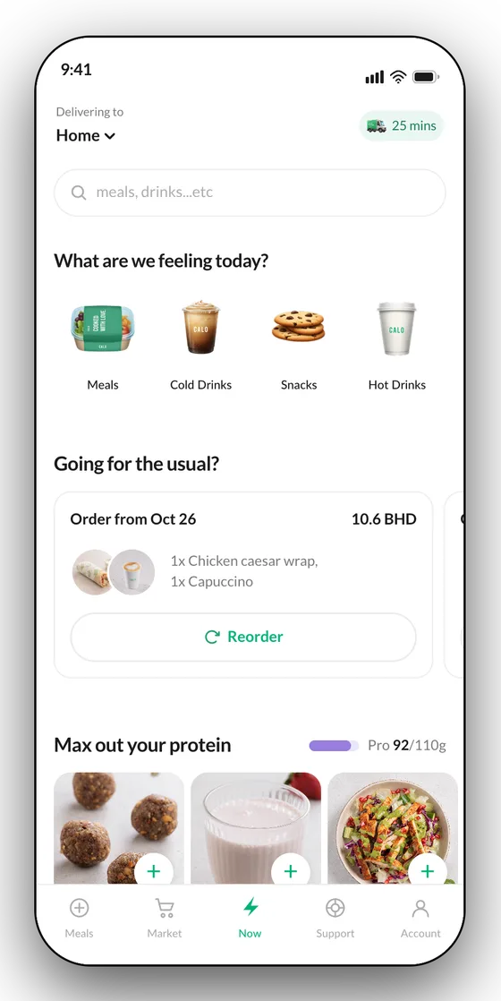 Calo Now home: delivery ETA, search, categories, reorder and a protein shelf